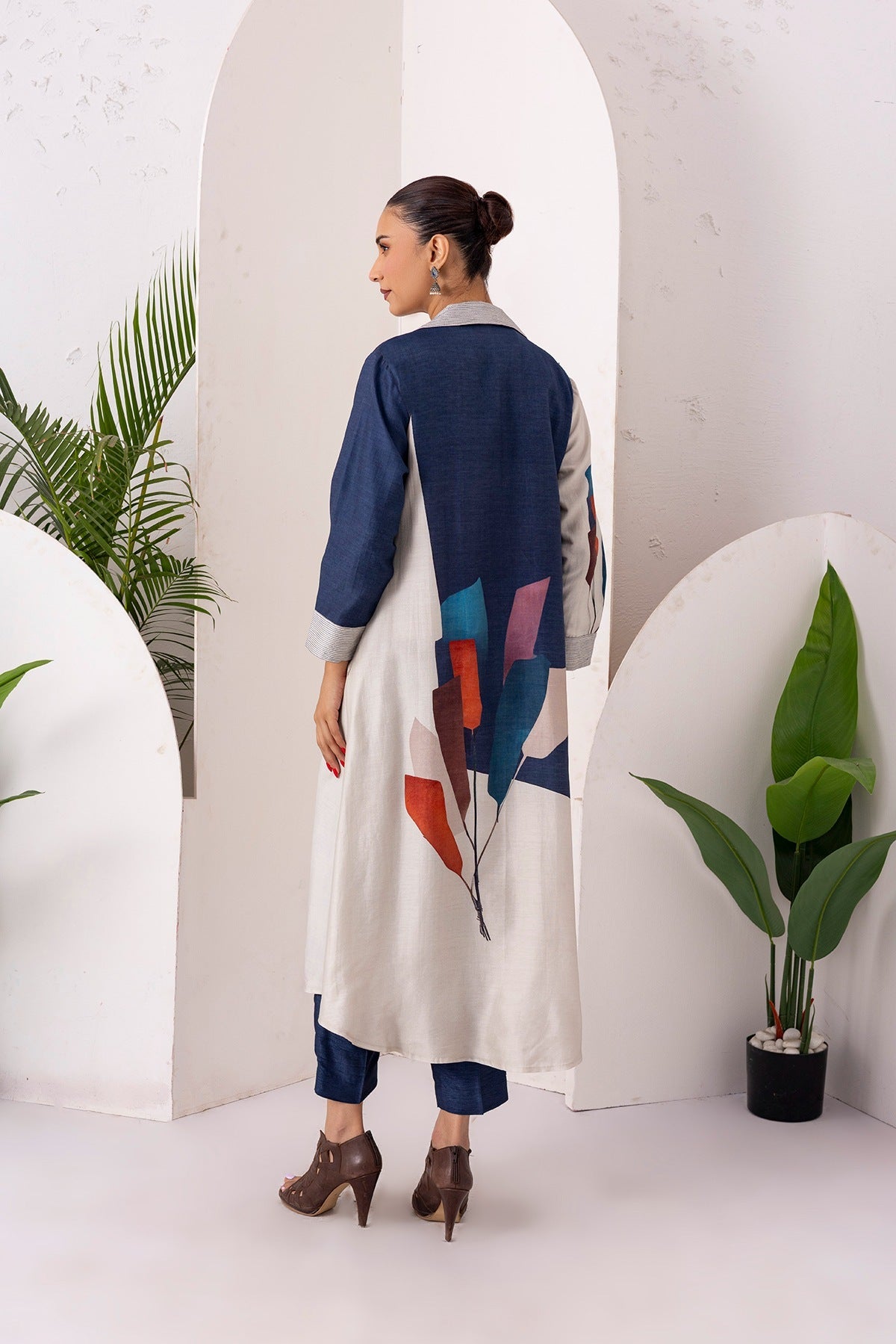 Blue & Ivory Silk Chanderi Printed Front Open Dress Set (3 PCS)