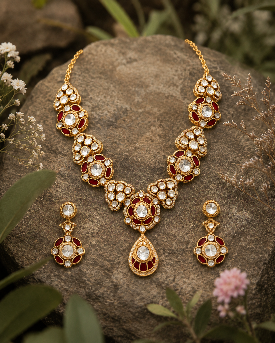 Ruby Kundan Choker Necklace Set with Drop Earring