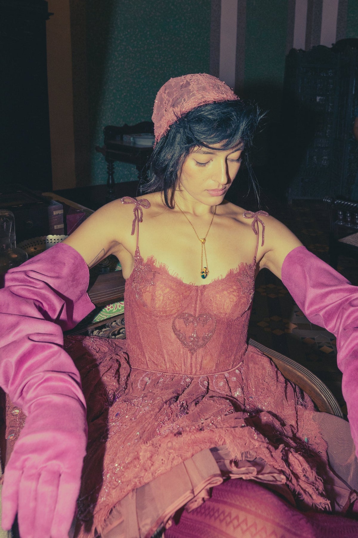 Rose Pink, Pre-Renaissance Embroidery, French Lace & Silk, Ballerina Mini Dress, Corseted Tutu Silhouette