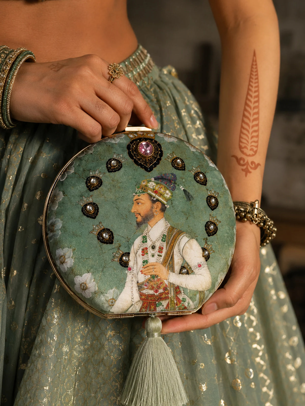 Sage Green Shehzada Portrait Round Clutch Bag with Embellished Tassel