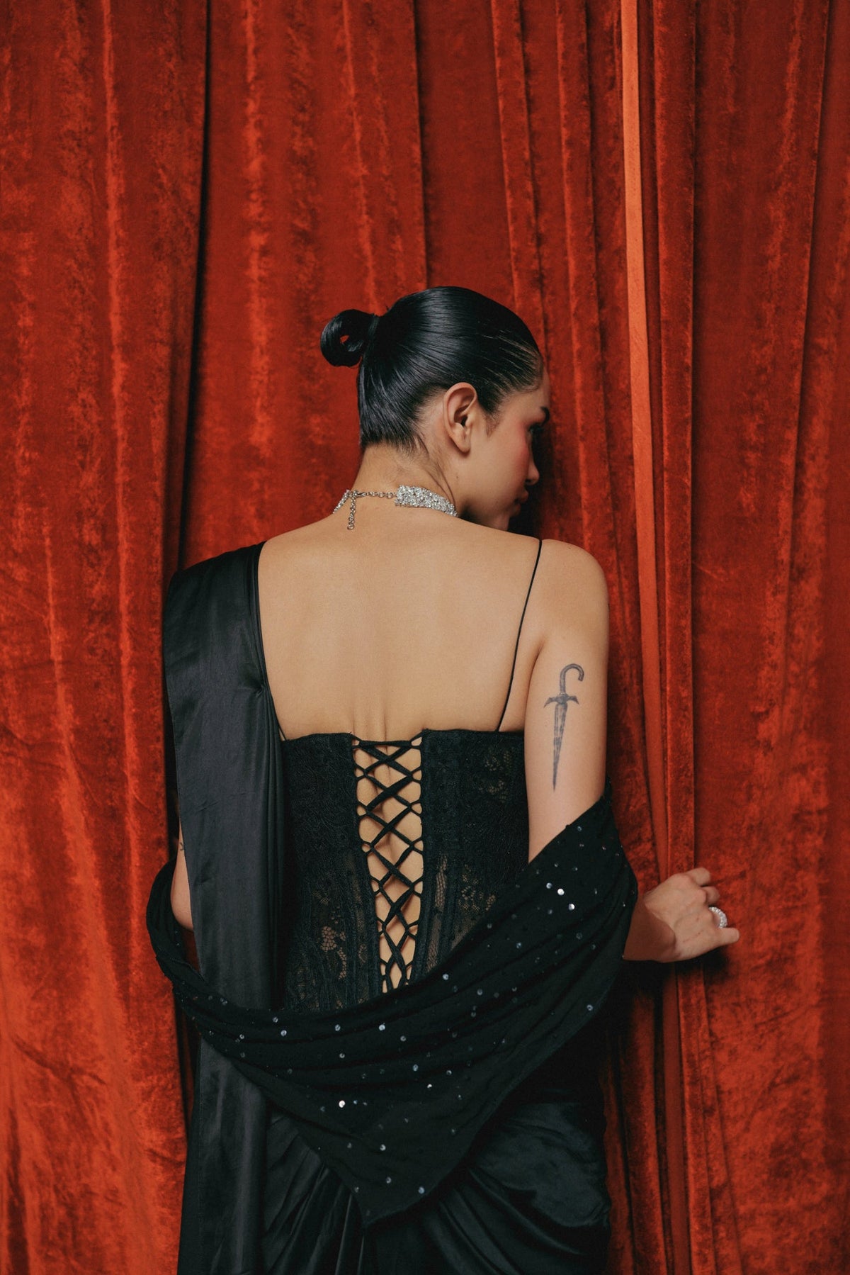 Black, Zardosi Embroidery, French Lace & Silk, Pre-Stitched Sari Set, Corset Silhouette