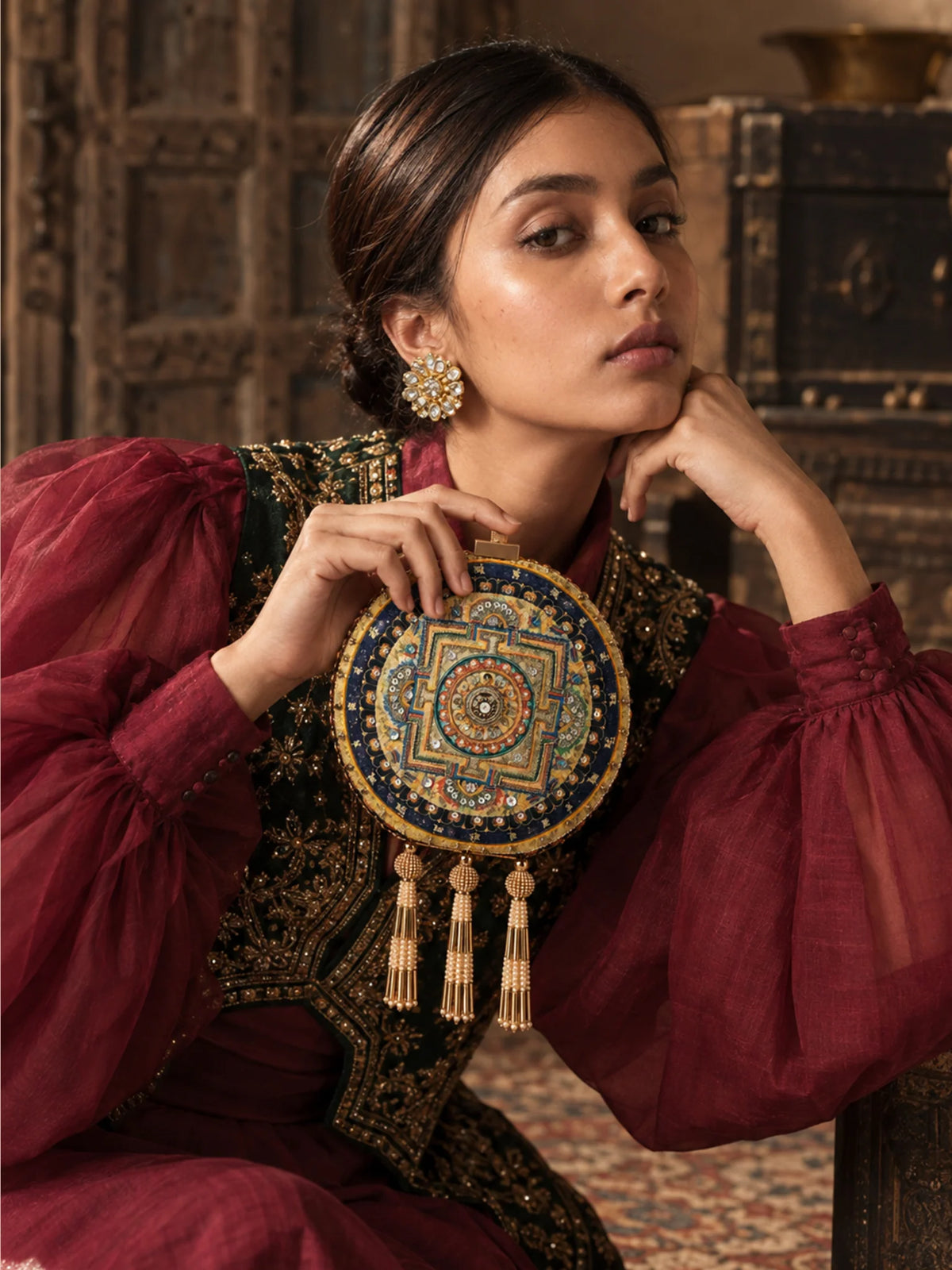 Blue Mandala Printed Embroidered Round Clutch Bag with Gold Tassels