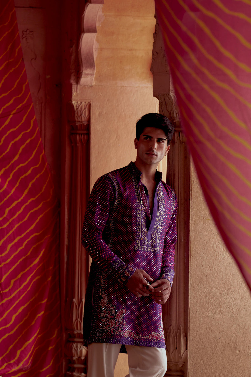 Purple printed bandhej kurta set