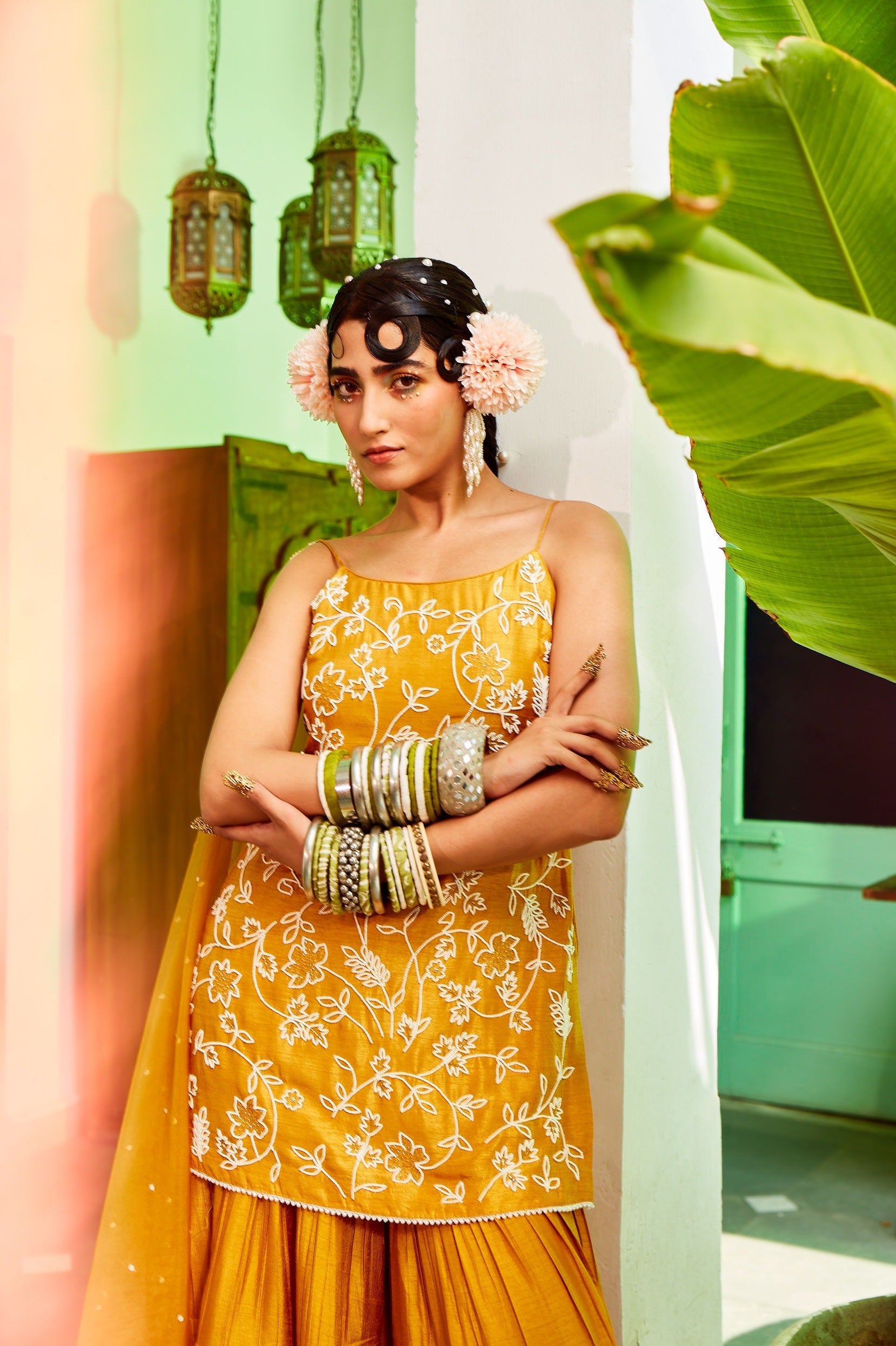 Mustard Kurta With Tiered Sharara
