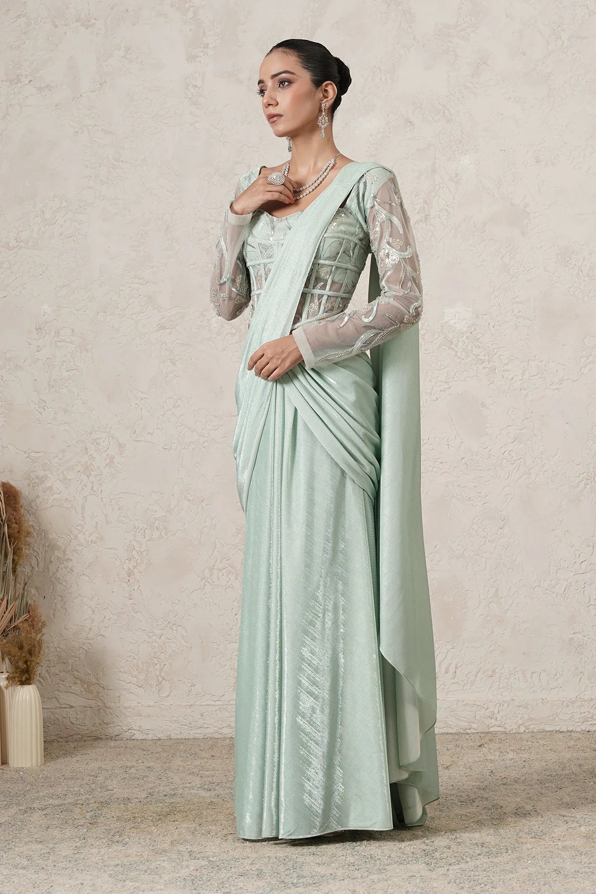 Jharokha Pre-Draped Saree with Hand-Embroidered Corset Blouse | Mint Green |  Women | THETAA