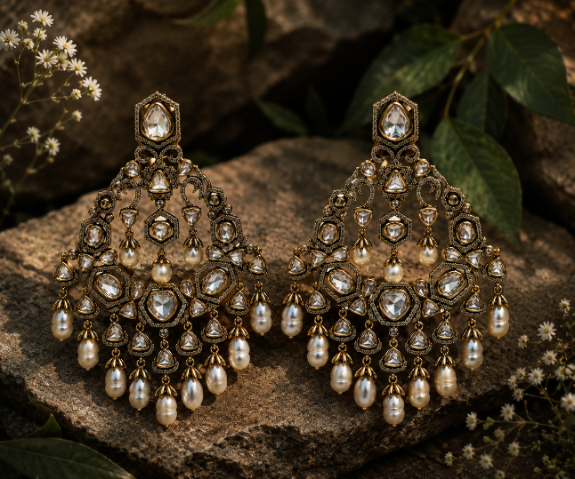 Polki Chandelier Earring with Pearl Drops