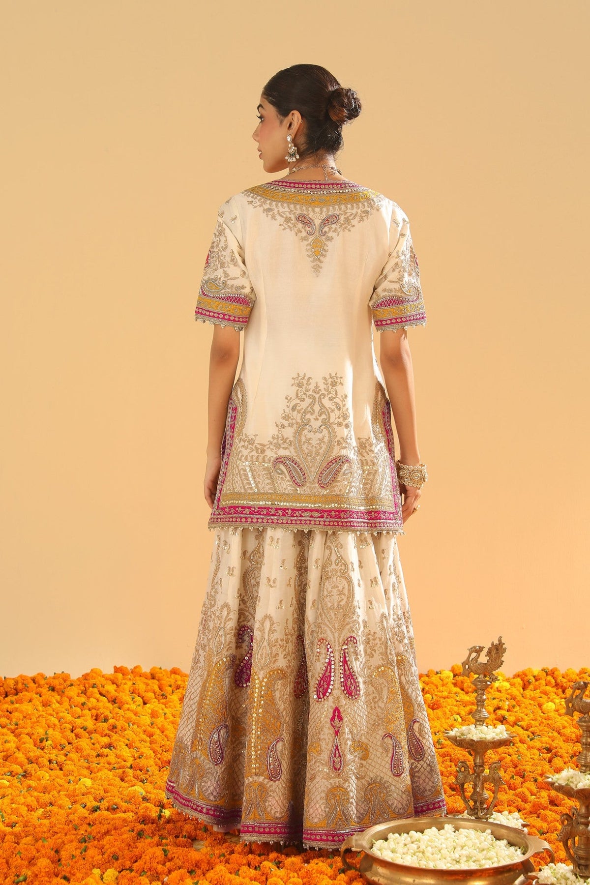 Sadiya - Daisy Ivory Short Kurta with Sharara and Dupatta