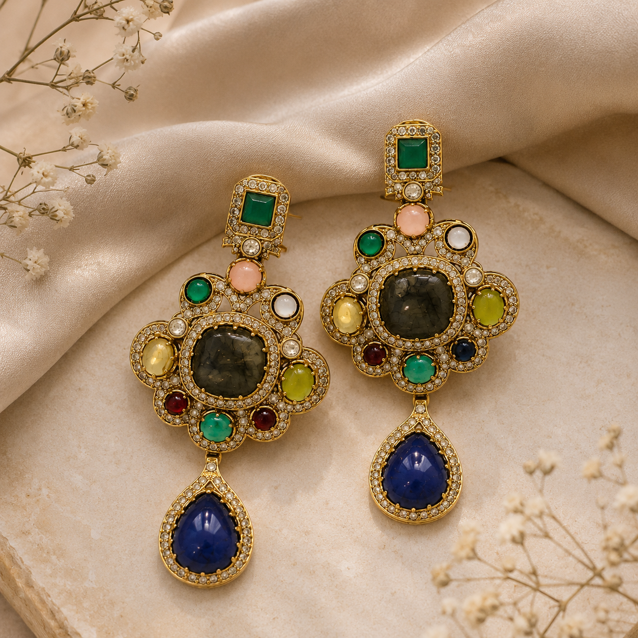 Multicolour Semi-Precious Stone Statement Drop Earrings