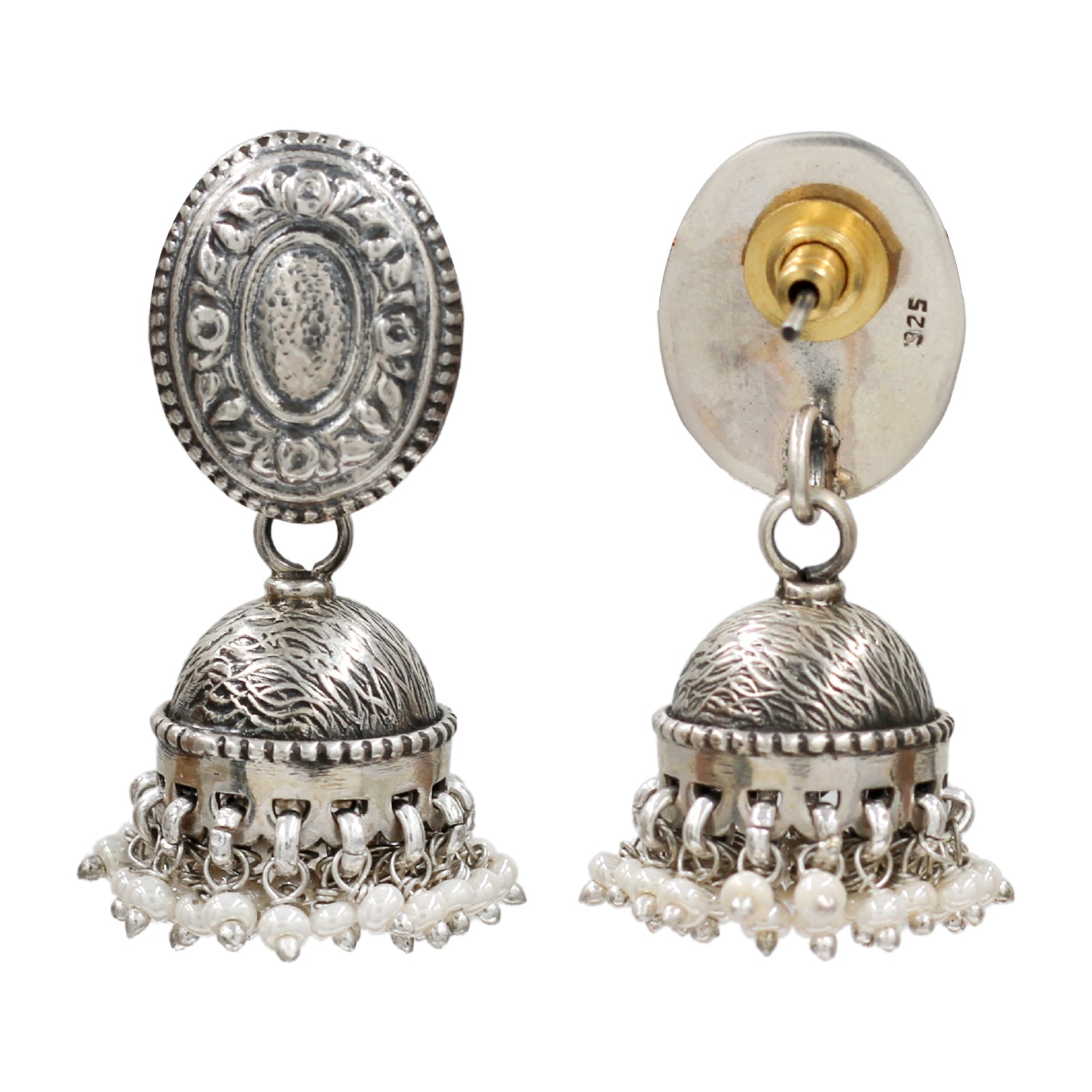 Sangeeta Boochra Handcrafted Oxidised Silver Pearl Jhumka Earrings
