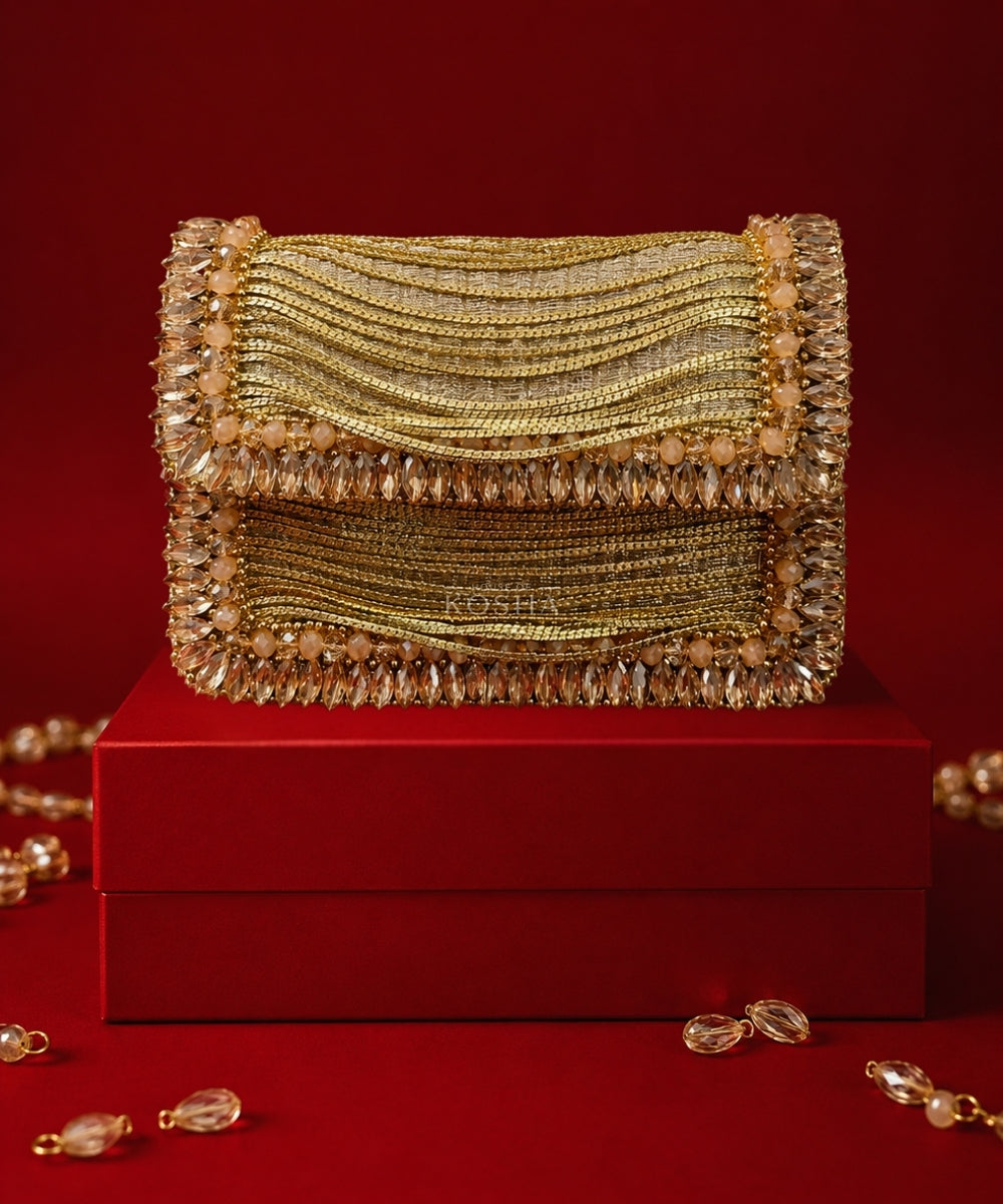 Elif Gold Georgette Embellished Clutch