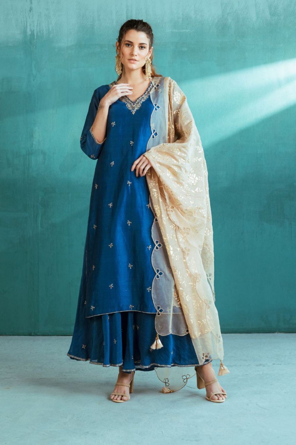 Blue Chanderi Kurta Sharara Set