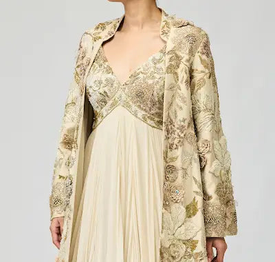 Ivory Embellished Anarkali Set in Silk GGT for Festive Occasions