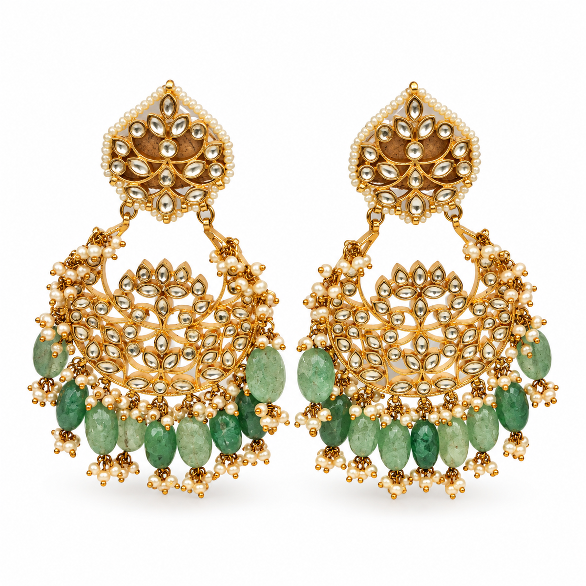 Sage green Bead Gold-Tone Chandbali Earrings