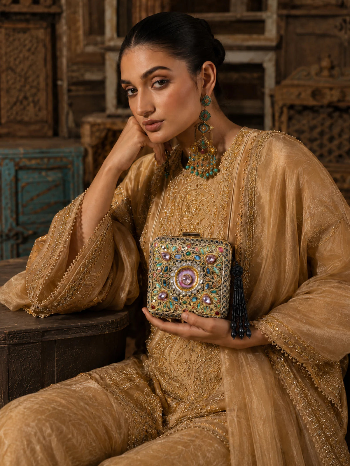 Multicolour Printed Embroidered Square Clutch Bag with Jewel Motifs and Black Tassel