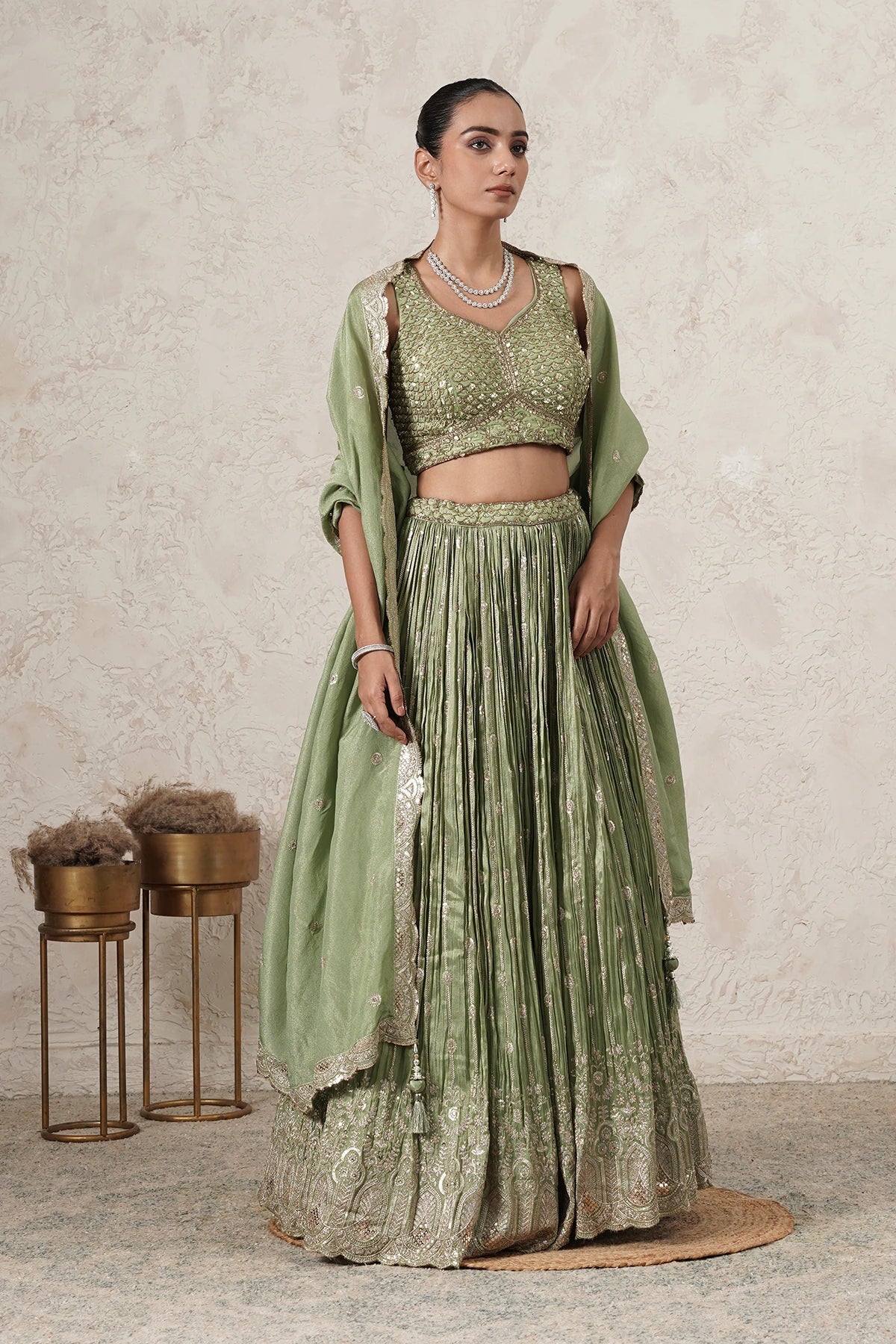 Hina Crushed Lehenga Set with Hand-Embroidered Blouse & Dupatta | Green |  Women | THETAA