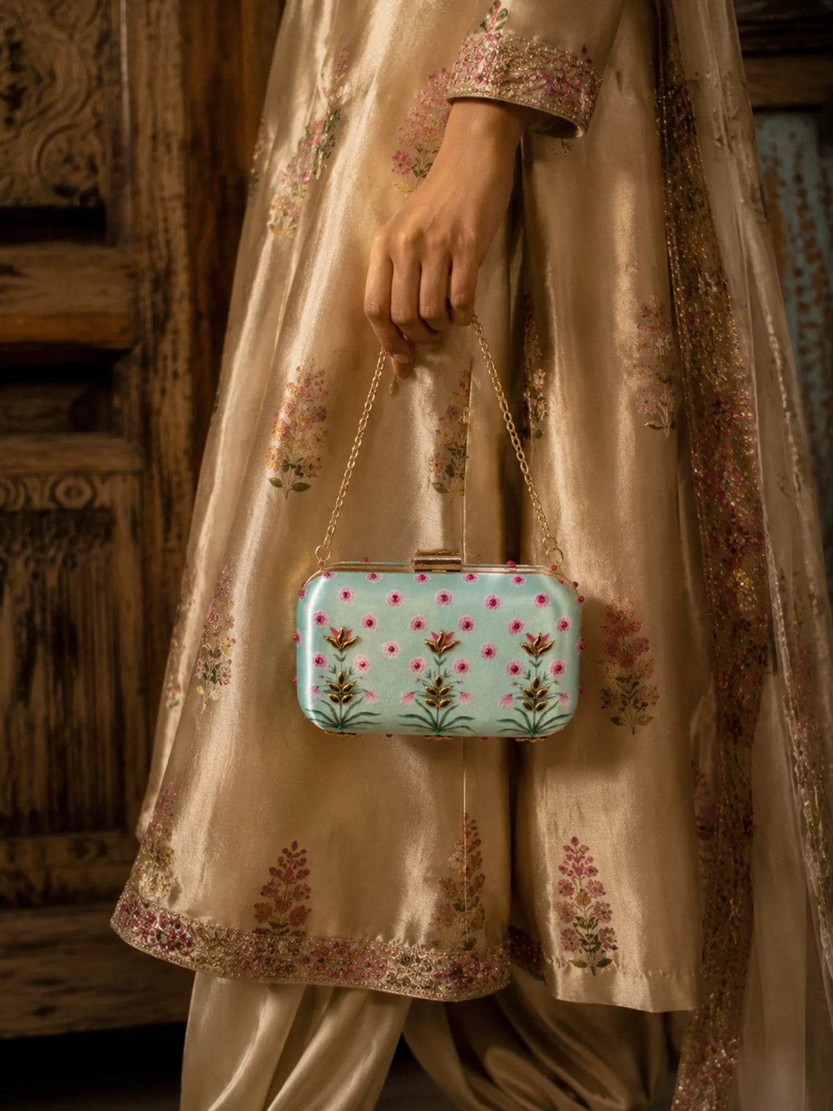 Mughal Painting Inspired Clutch Bag with Stone Embellishment