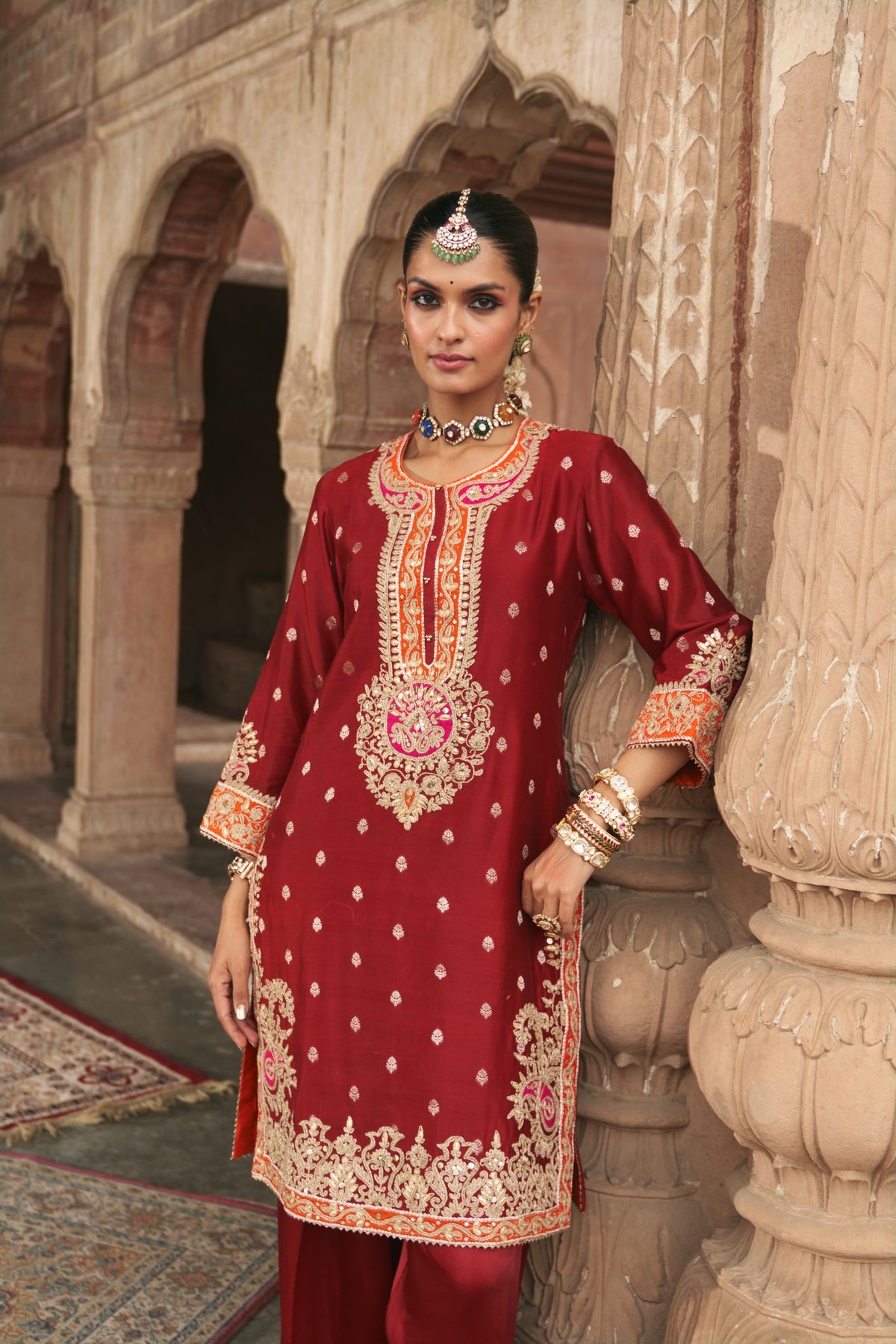 Deep Red Silk Chanderi Kurta Salwar Set for Festive Wear