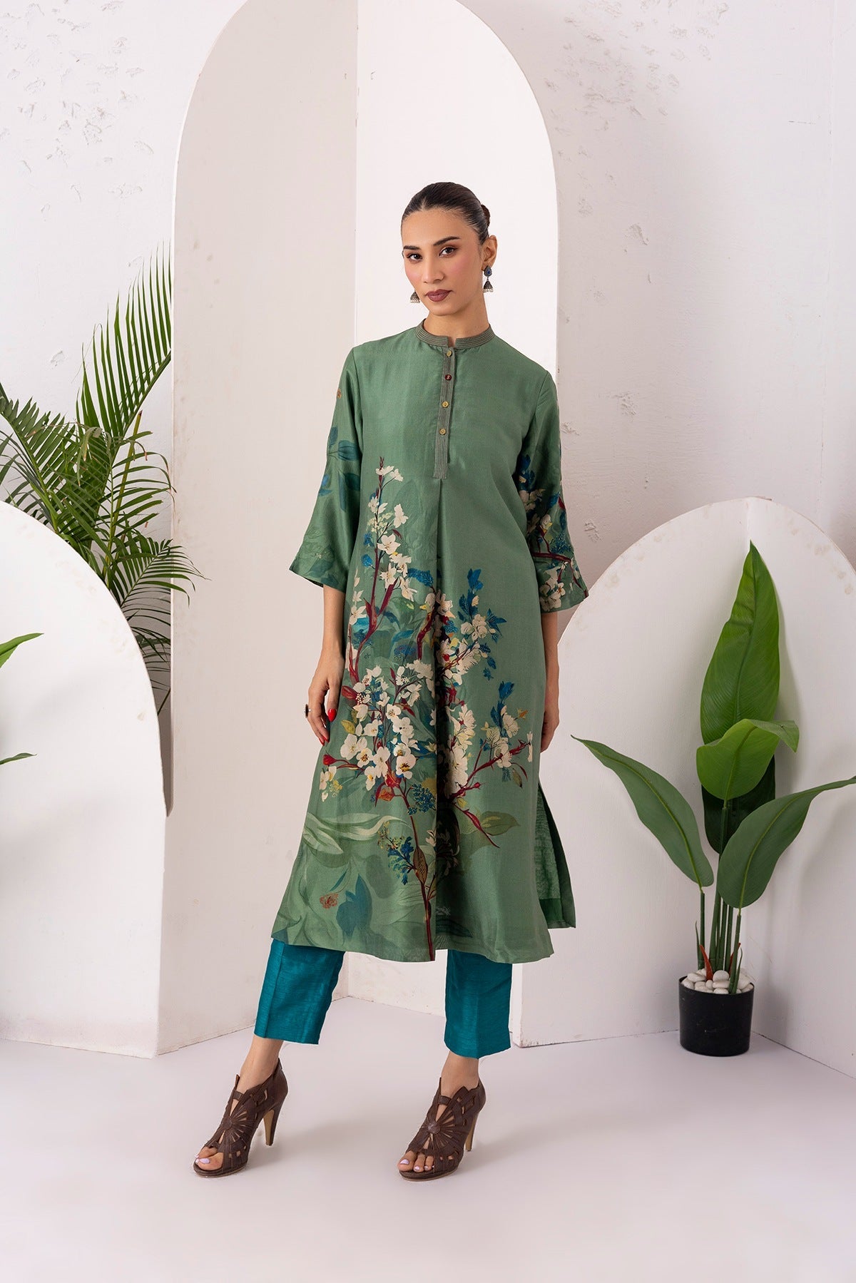 Sage Green Silk Chanderi Printed Front Pleat Tunic Set (2 PCS)