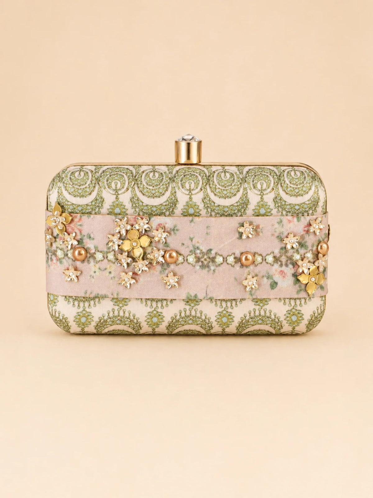 Pastel Floral Embellished Clutch Bag with Jewel & 3D Flower Detail