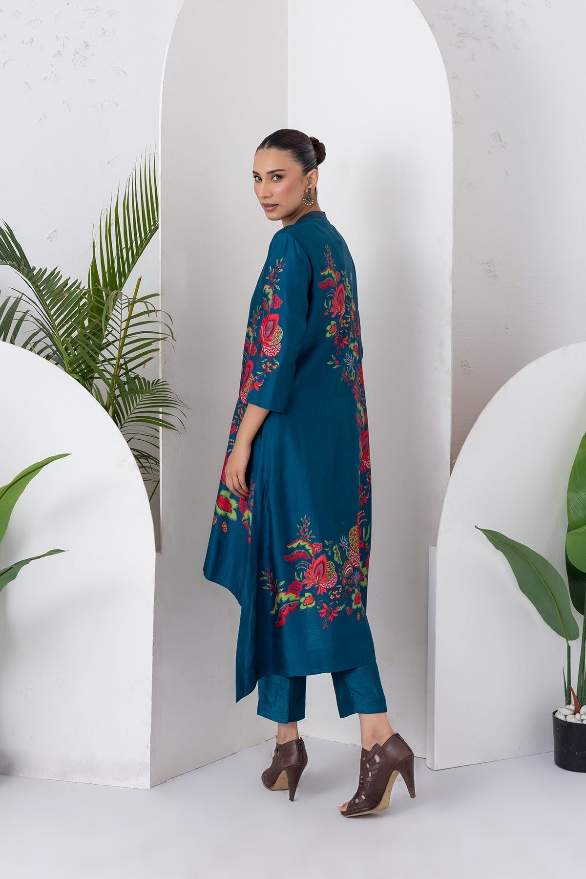 Indigo Silk Chanderi Printed Front Open Floral High-Low Dress Set (3 PCS)