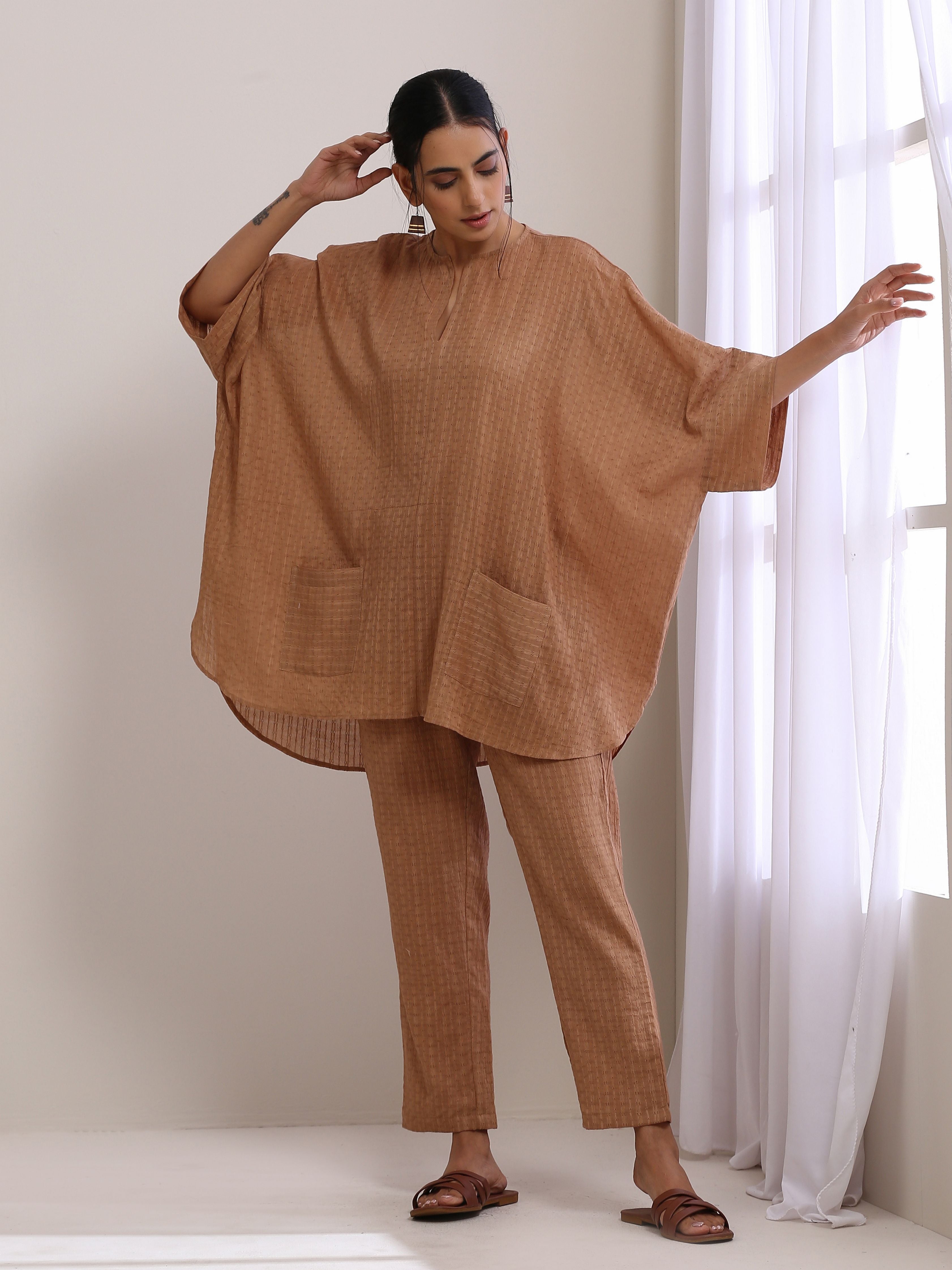 Beige Dobby Boxy Fit High-Low Co-Ord Set