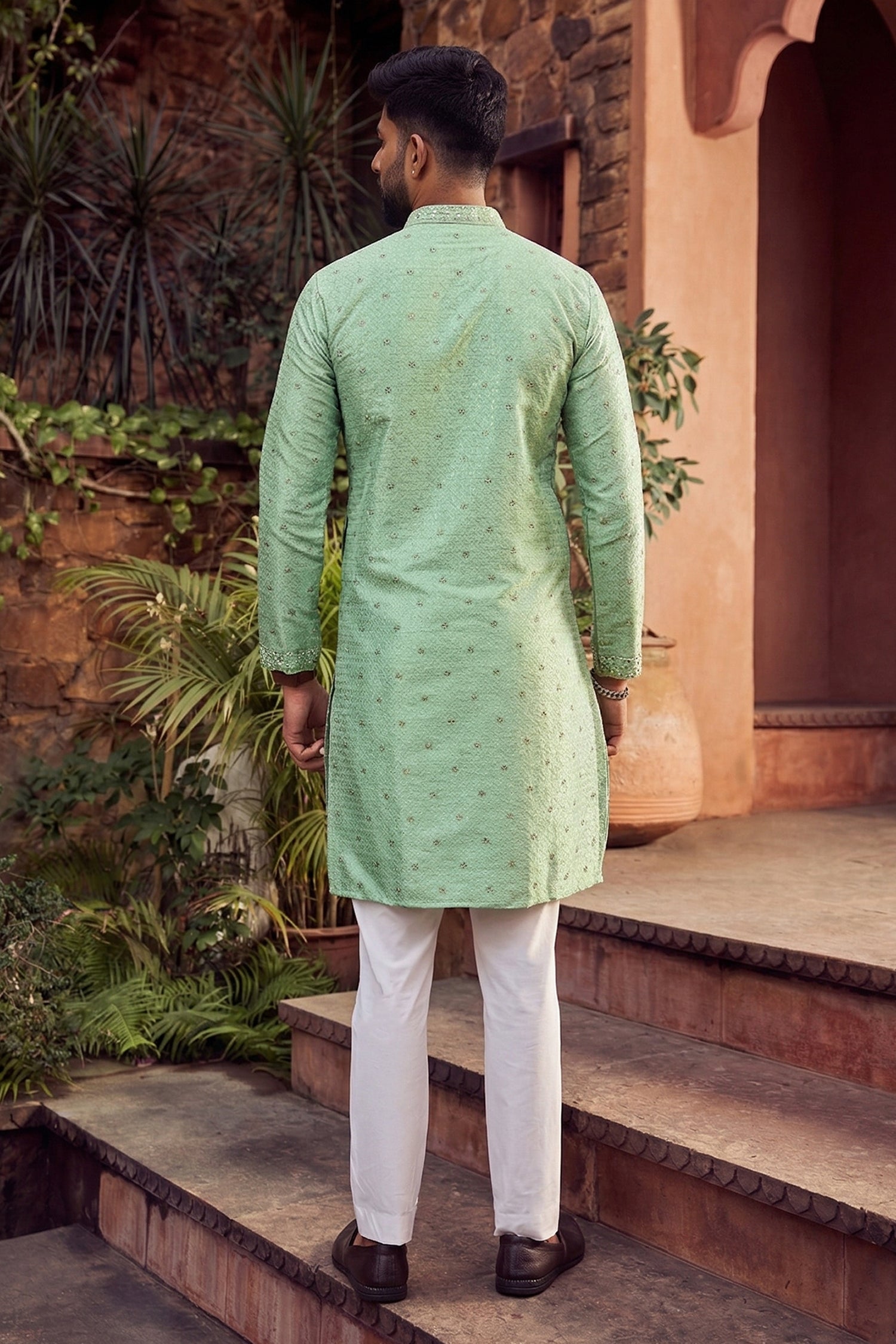 Men's Jacquard Silk Cream Designer Embroidery Work Kurta with payjama