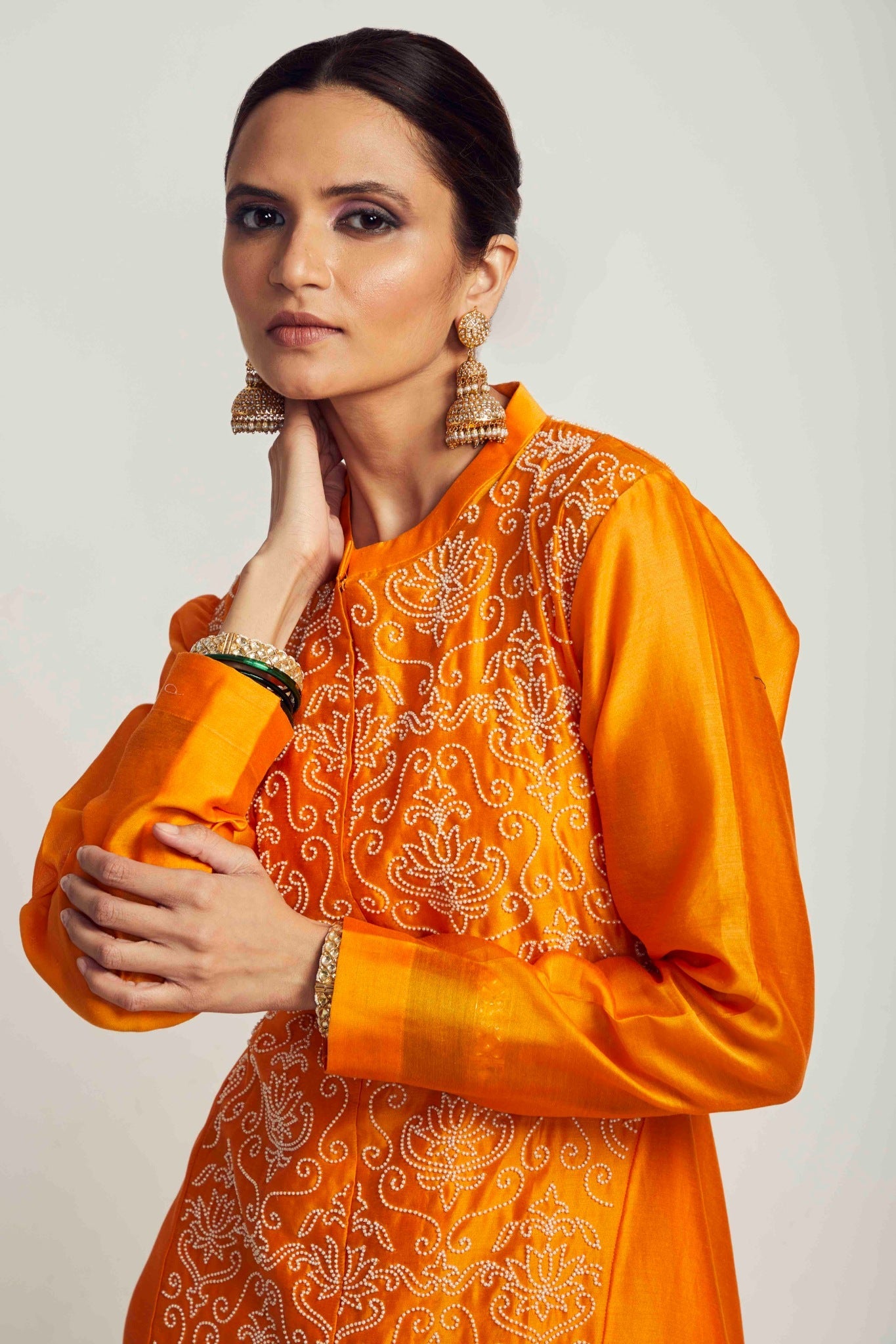 silk chanderi long asymmetrical tunic with pearl embroidered lotus jaal