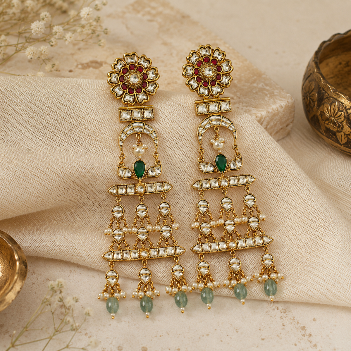 Multicolour Kundan Pearl Drop Statement Earrings