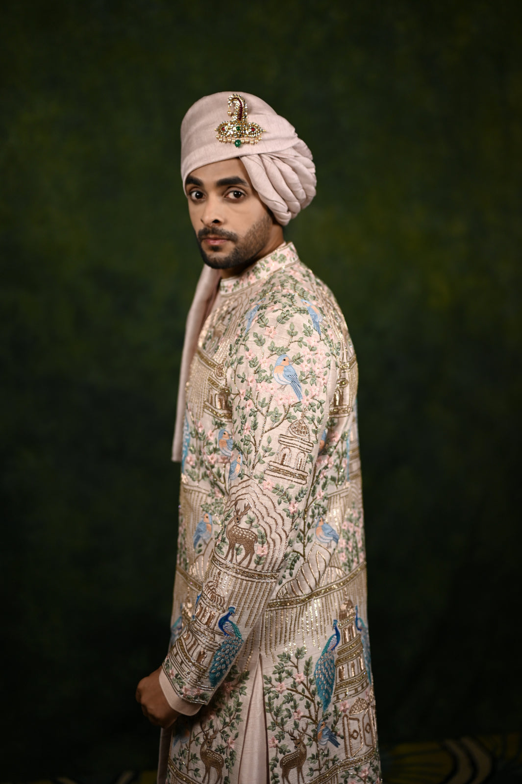 rosegold peacock sherwani set