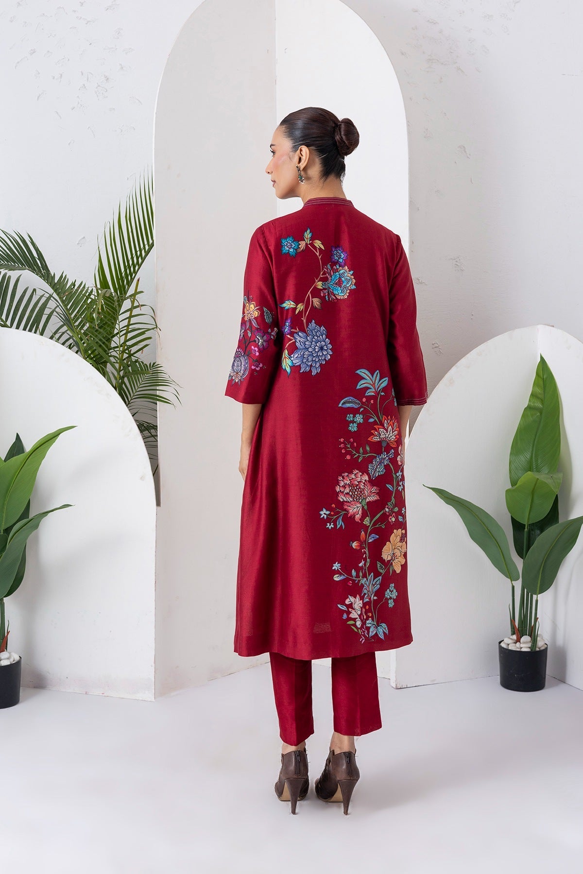 Maroon Silk Chanderi Floral Printed Front Open Dress Set (3 PCS)