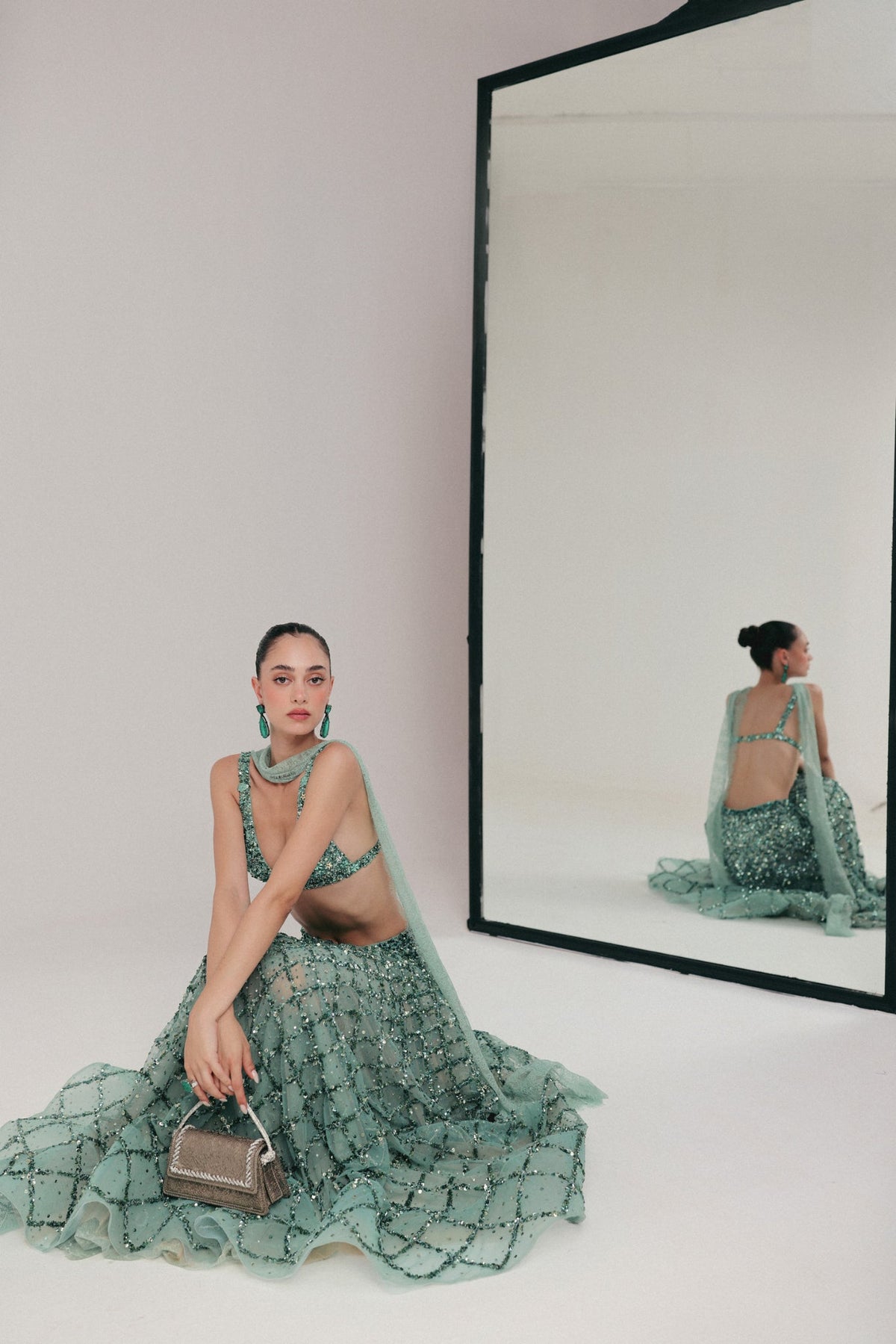 Sequin & Zardosi Embroidery, Soft Tulle & Silk with French Lace, Skirt Set, Blouse and Flared Silhouette