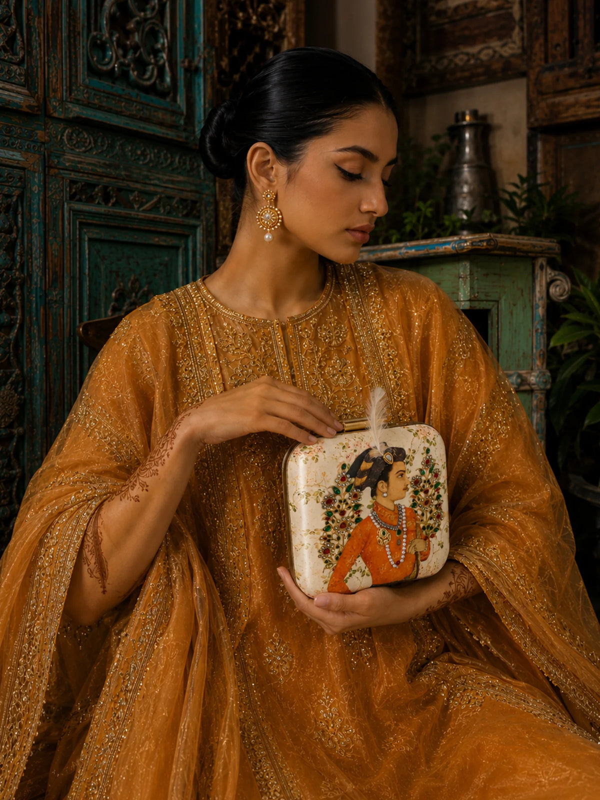 Indian Prince Portrait Embellished Clutch Bag with Gold Detail