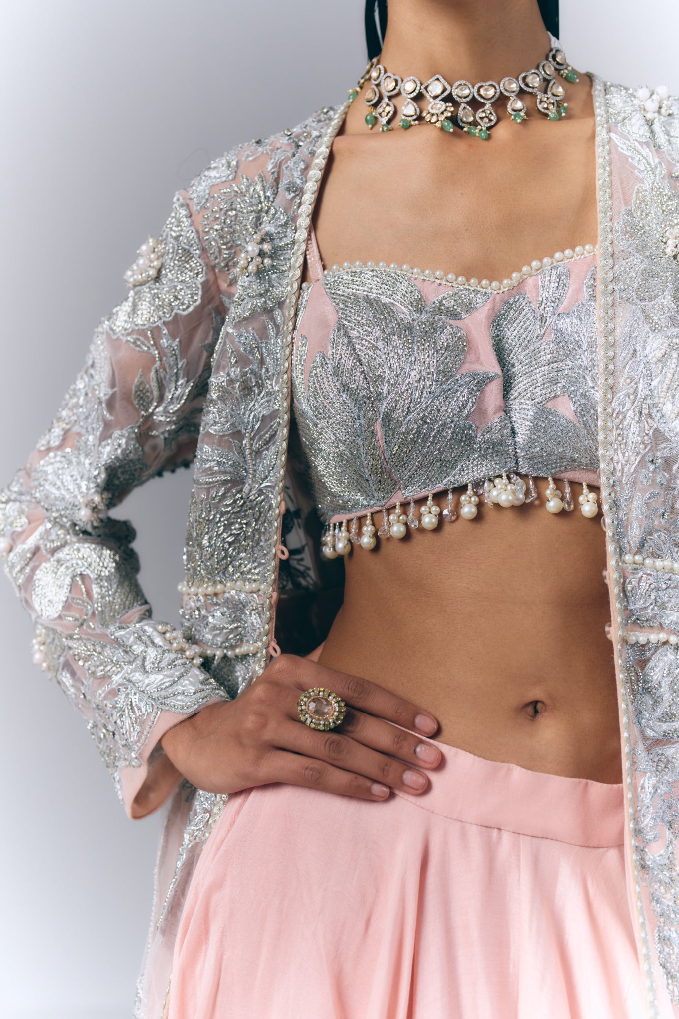 Peach Embellished Long Jacket Set