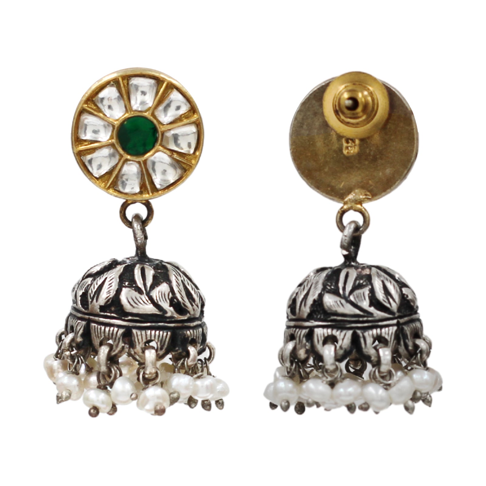 Sangeeta Boochra Dual Tone Kundan Pearl Jhumka Earrings