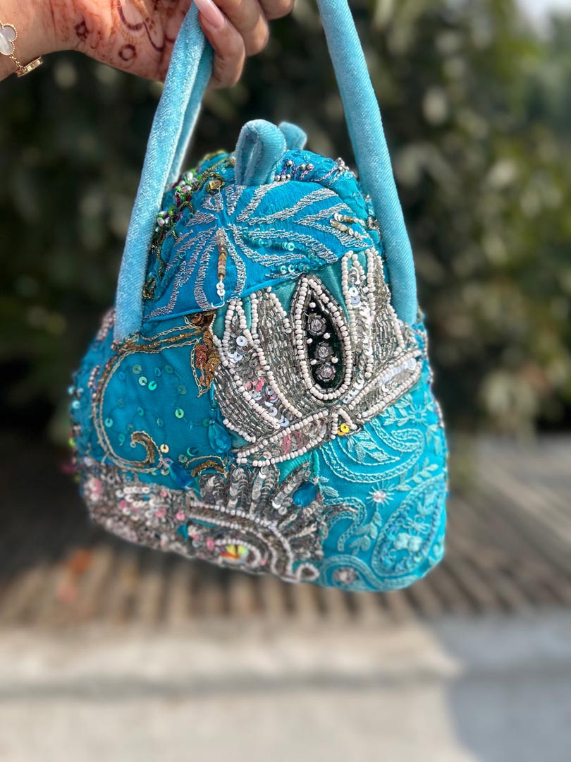 Embellished Aqua Potli Bag - Royal Heirloom Festive Accessory