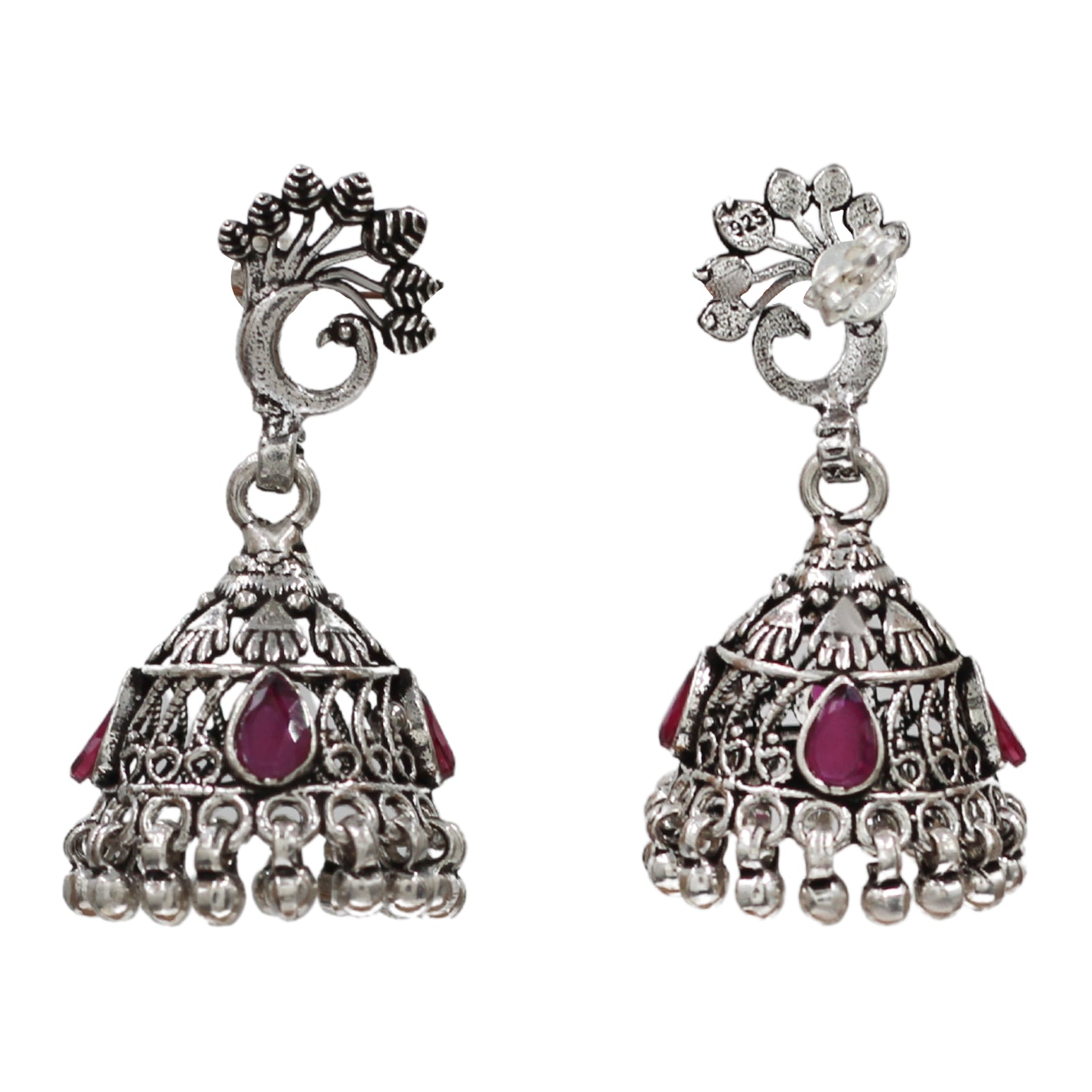 Sangeeta Boochra Vintage Peacock Motif Oxidised Silver Statement Earrings