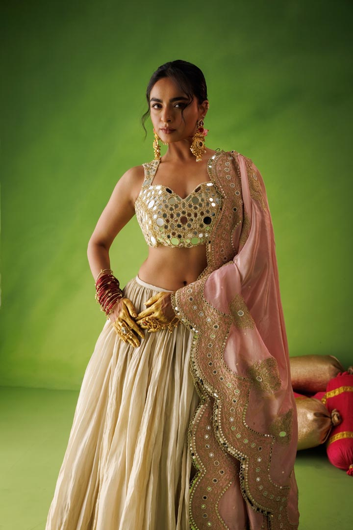 Beige tissue crushed lehenga set with pink dupatta