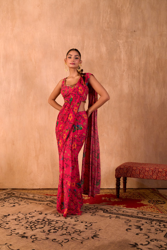 PINK PRINT EMBROIDERED CHOLI WITH PRE-DRAPED SARI SET - image 2