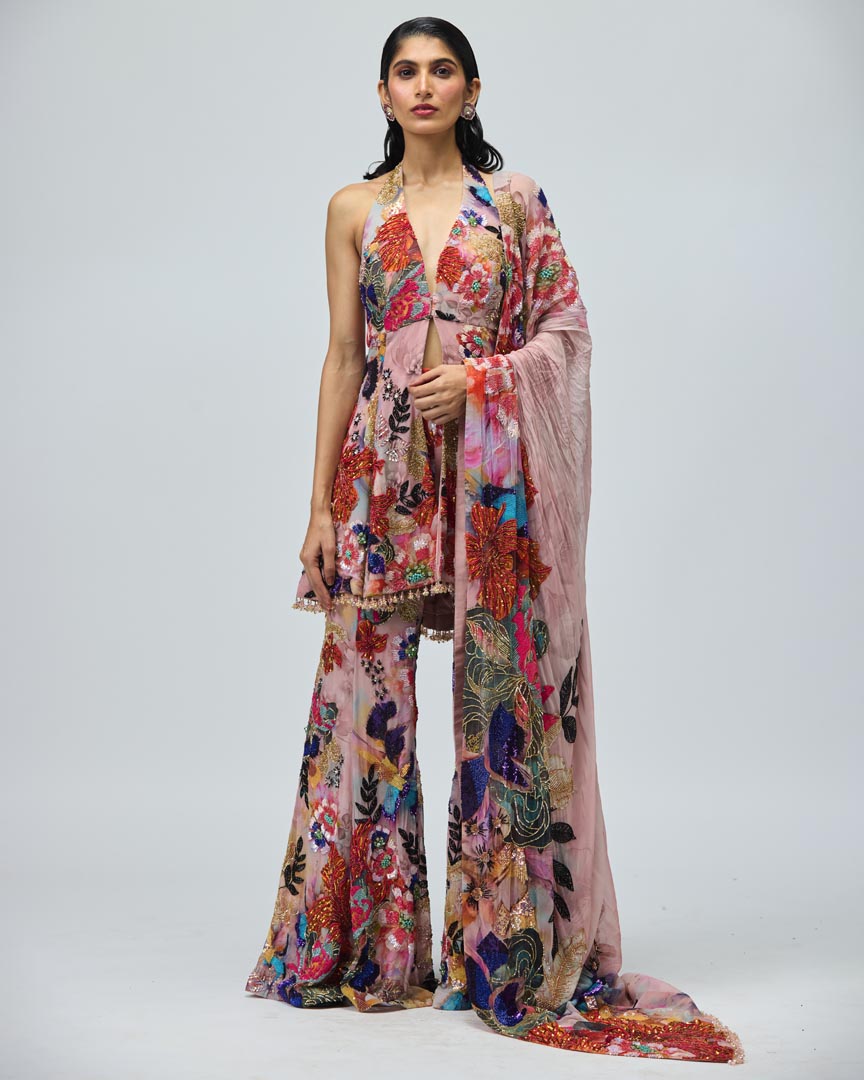 Pink Viscose GGT Halter Neck Sharara Set for Festive Wear