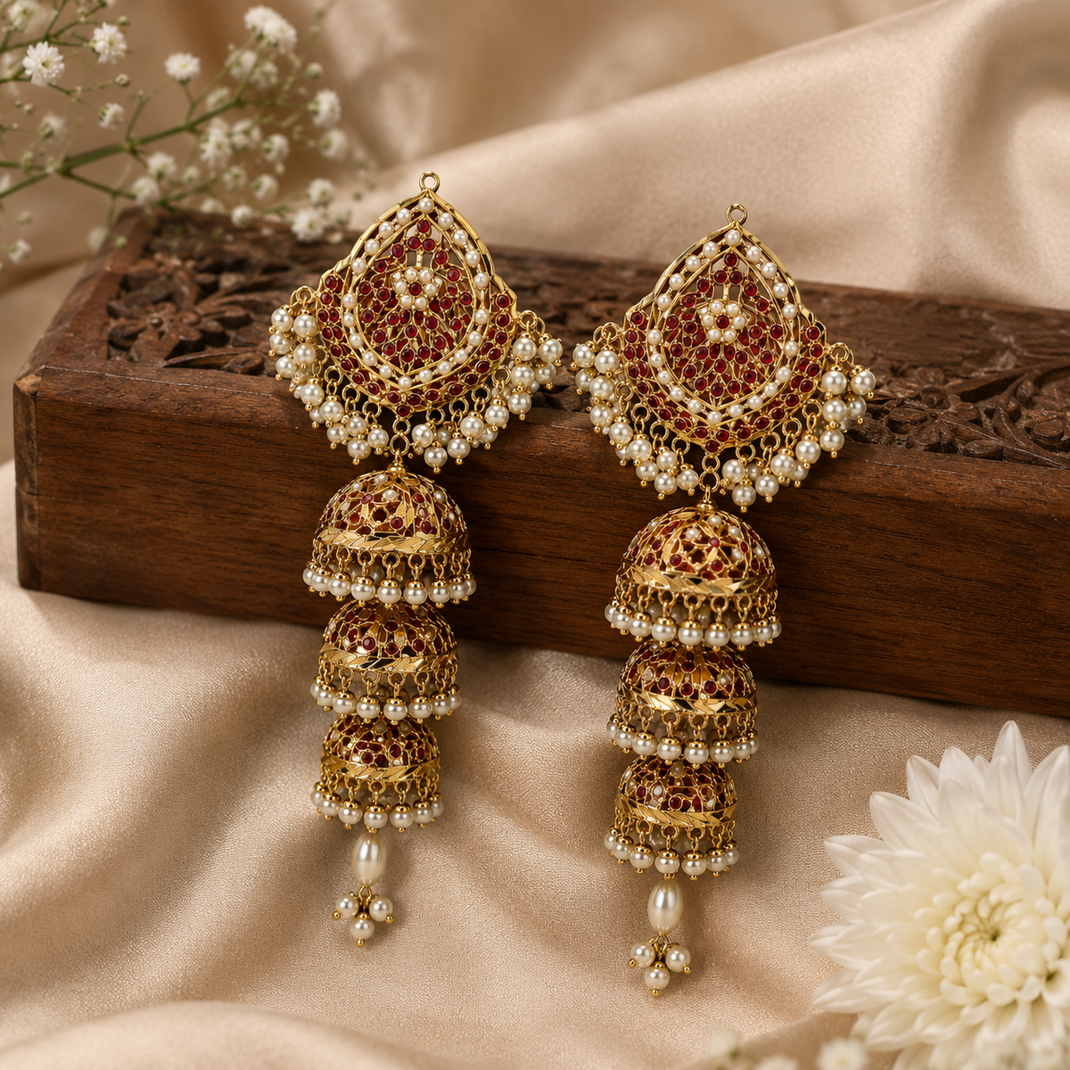 Layered Jadau Pearl Jhumka Earrings