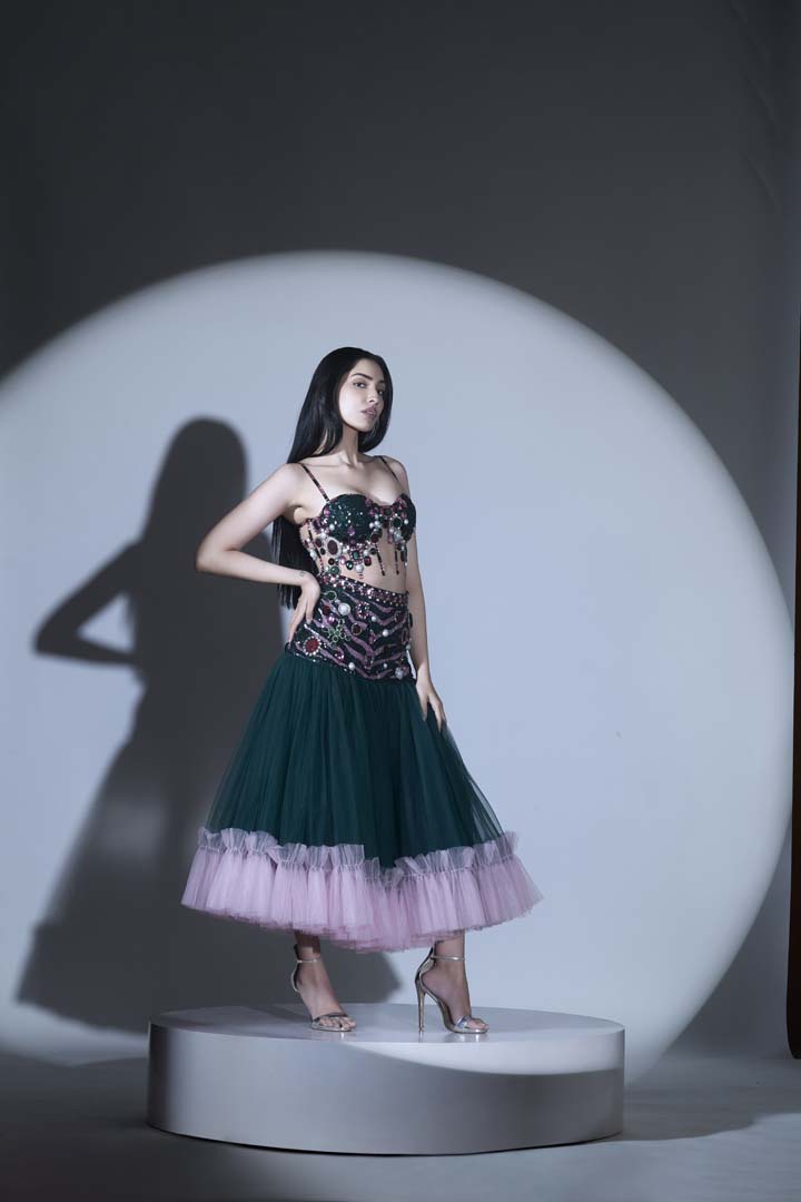 Green & Pink Corset Bustier and Skirt