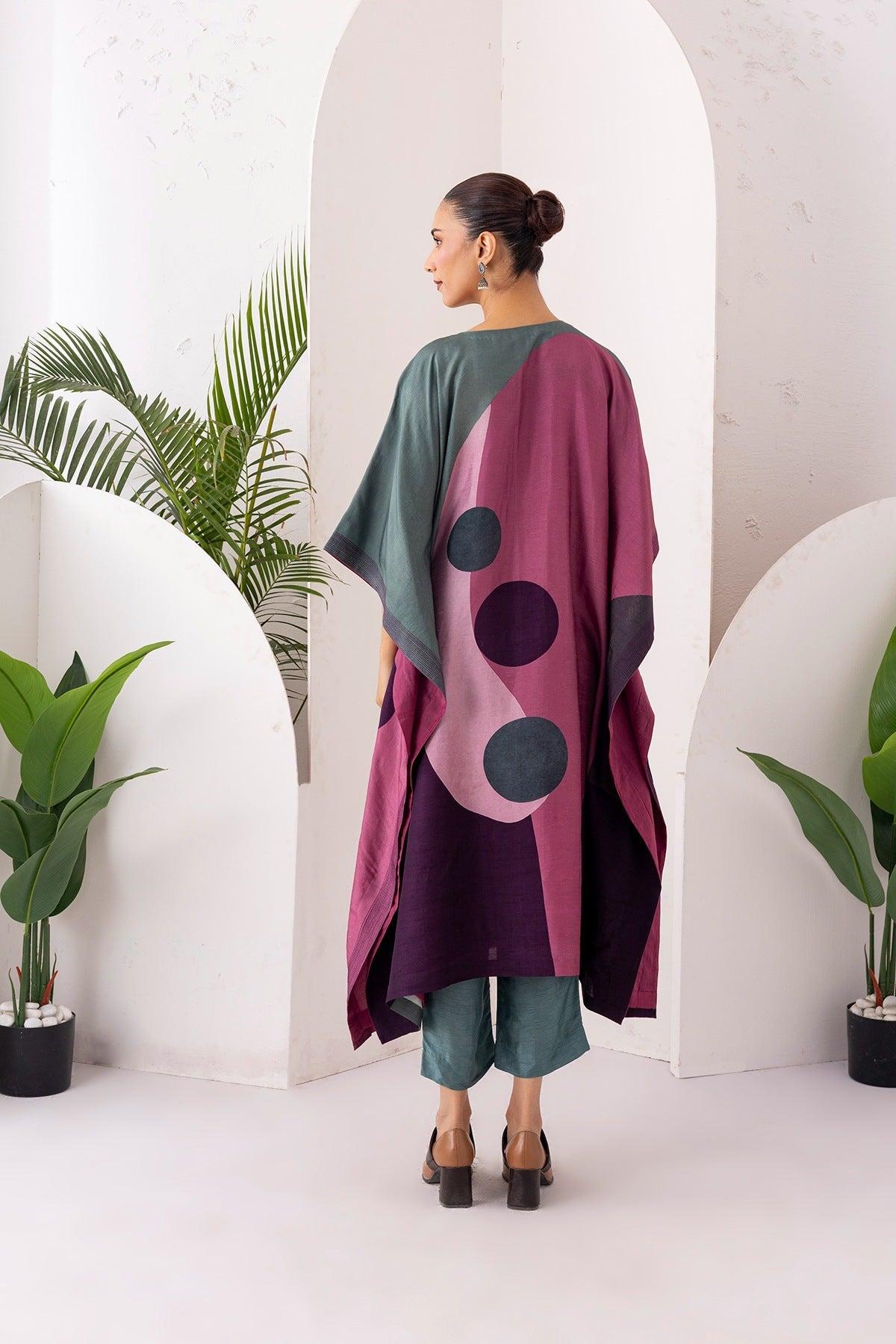 Sage Green & Salmon Pink Viscose Dupion Printed Kaftan Set (2 PCS)