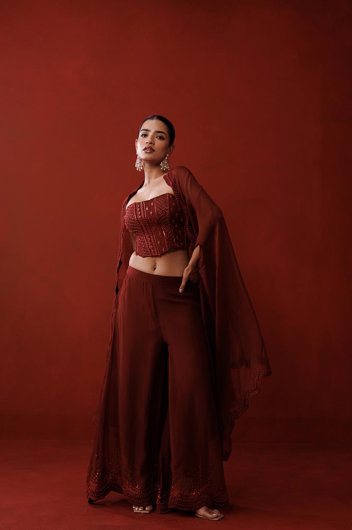 Maroon corset and palazzo set
