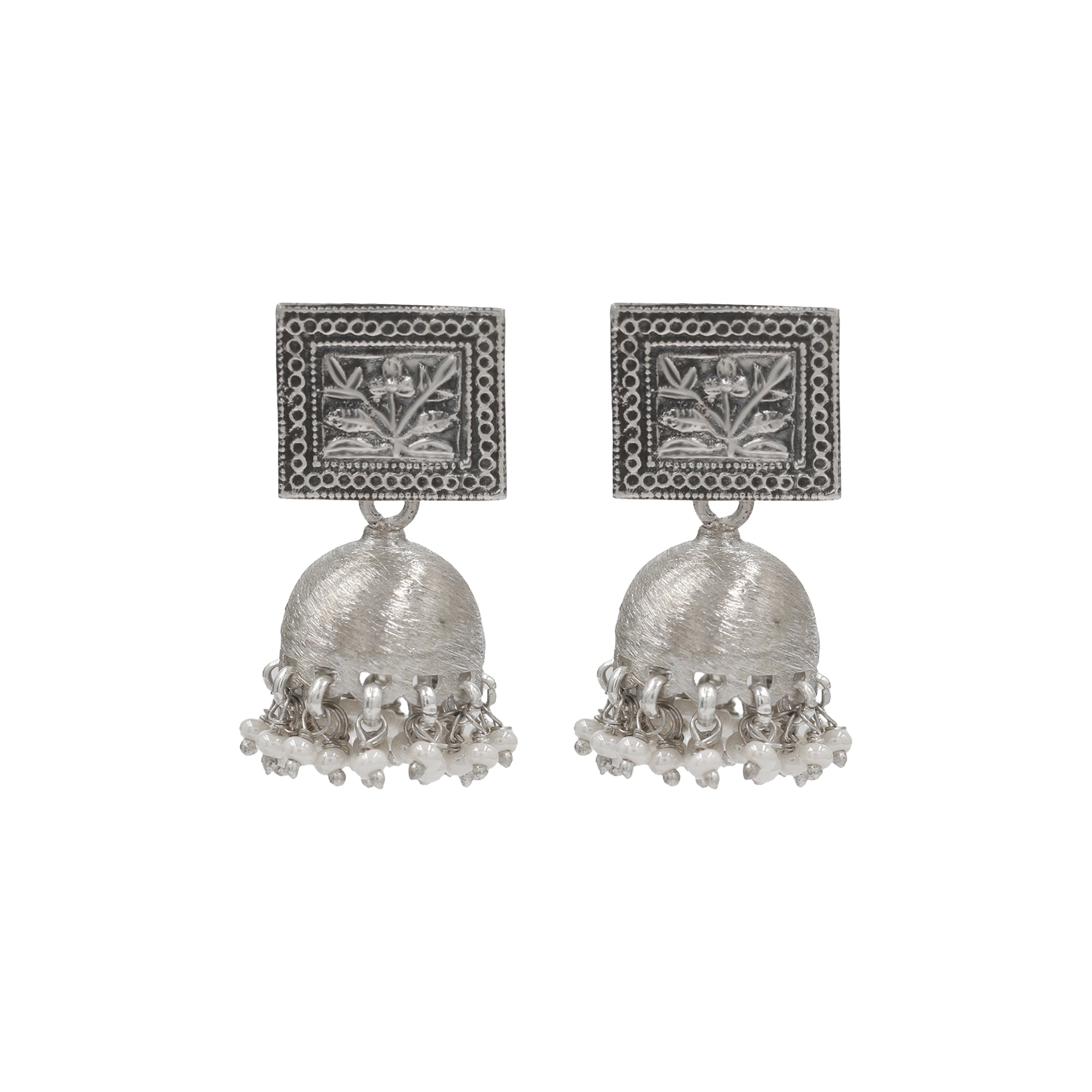 Floral Engraved Oxidised Silver Jhumki Earrings