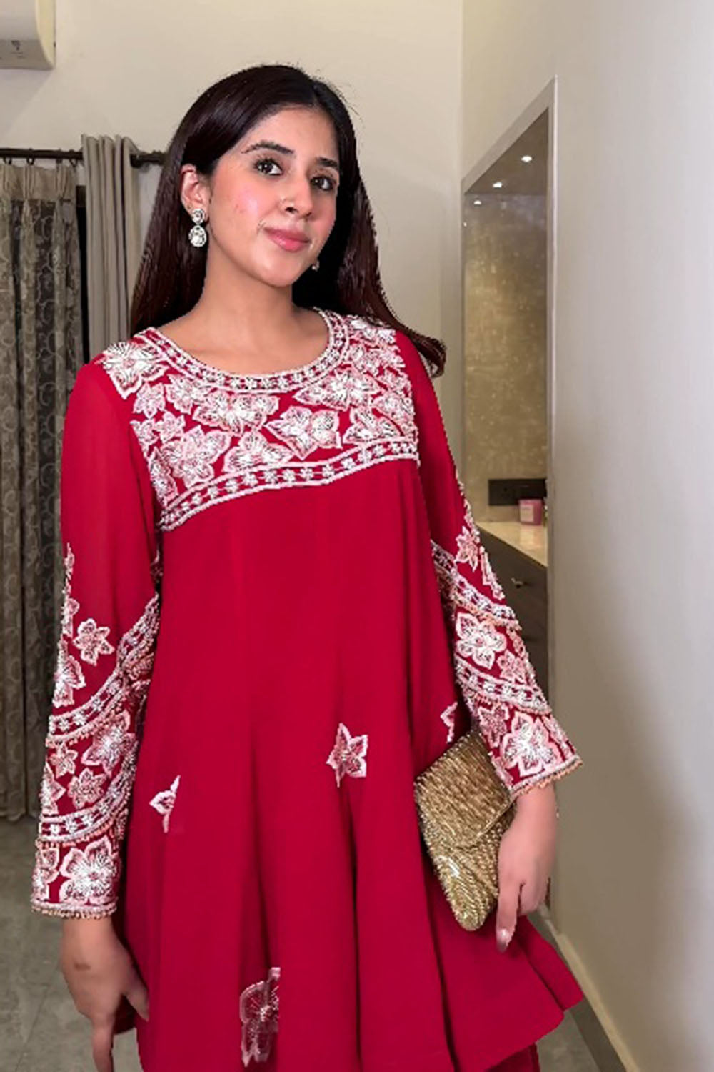 Plum Peplum Short Kurta with Sharara - Floral Hand Embroidered Set