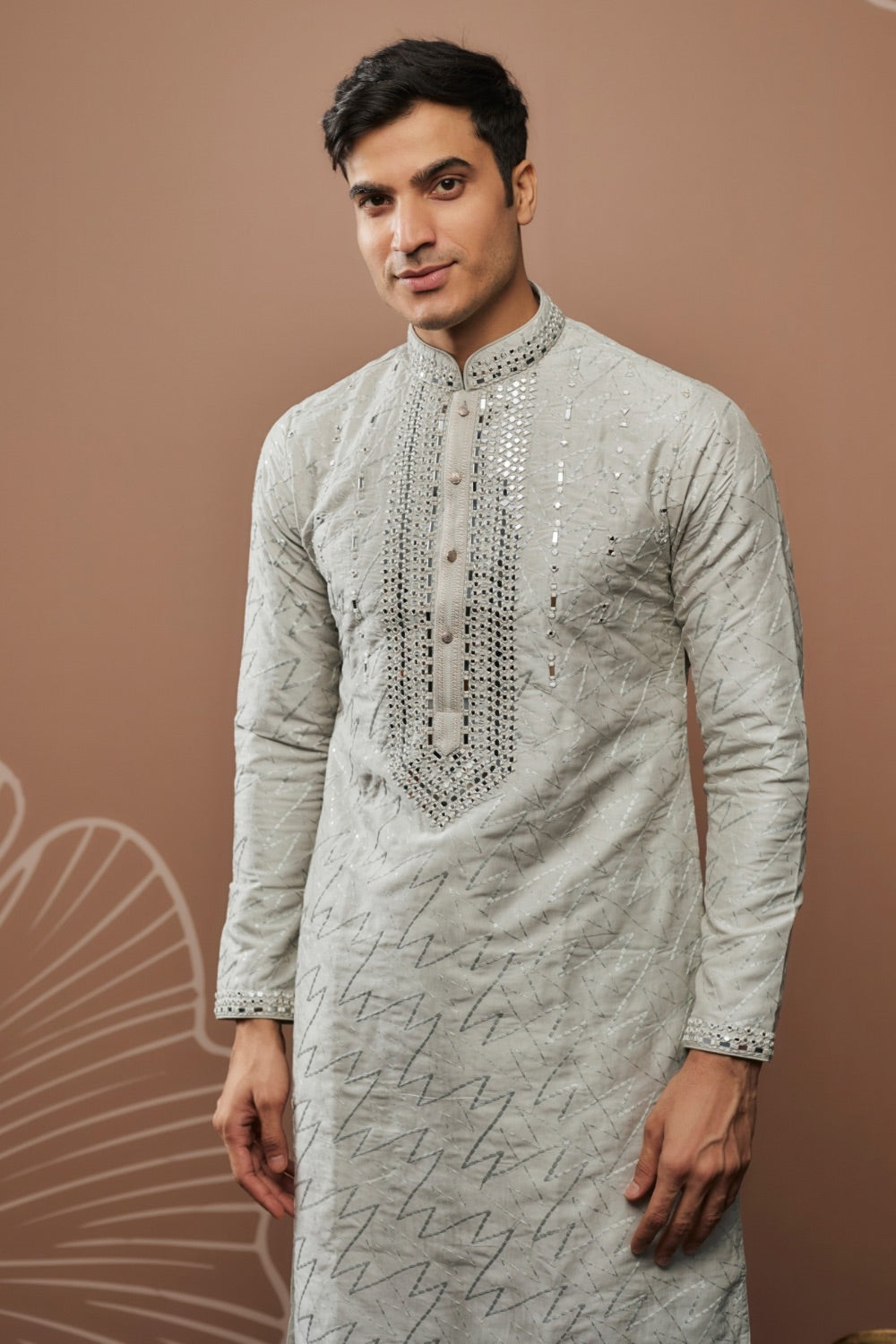 Cream white silk kurta set with hand and machine work