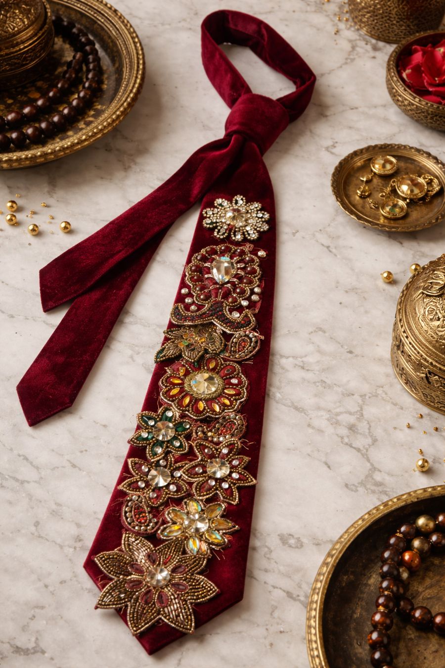 The Ruby Armada Deep Maroon Velvet Hand-Embroidered Luxury Men’s Tie