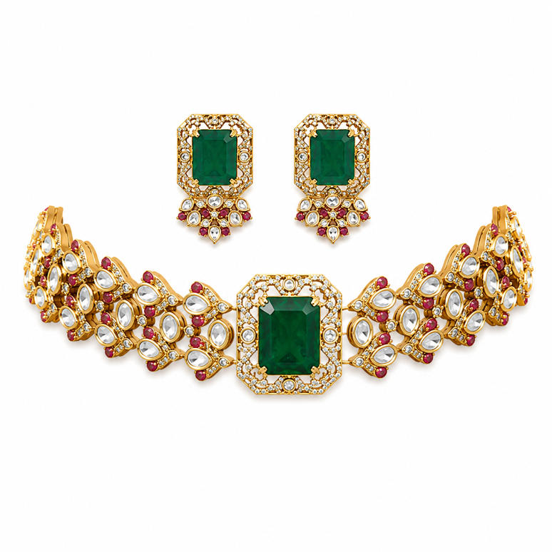 Emerald Green Polki Choker Necklace Set with Statement Earring