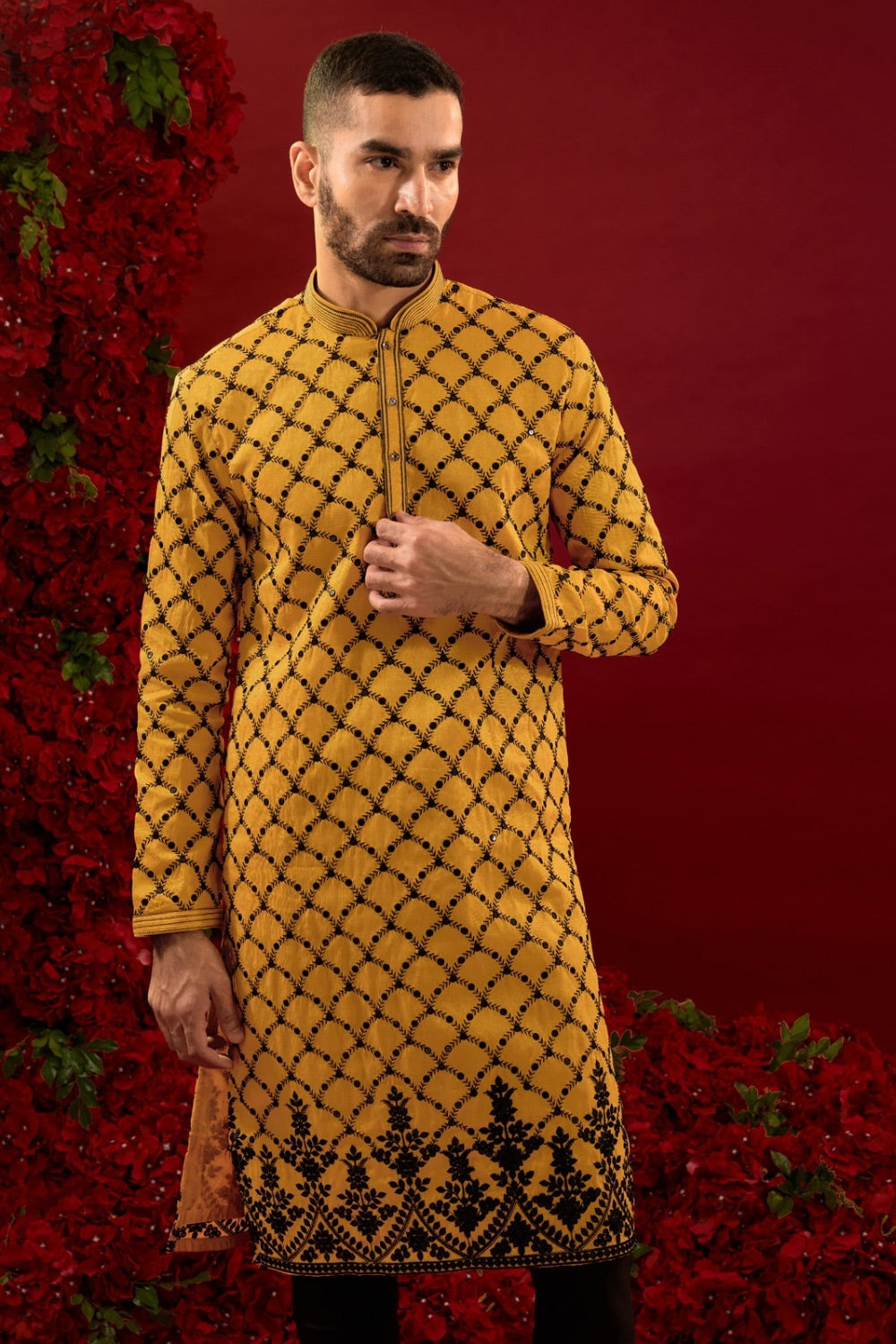 Yellow silk kurta with machine work