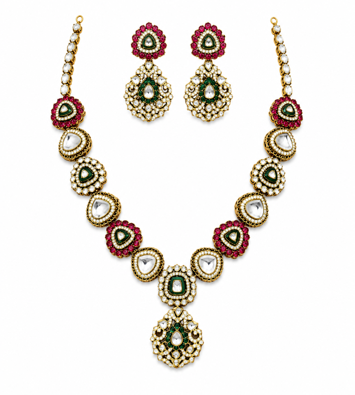 Royal Moissanite Polki Necklace Set with Emerald & Ruby Accents